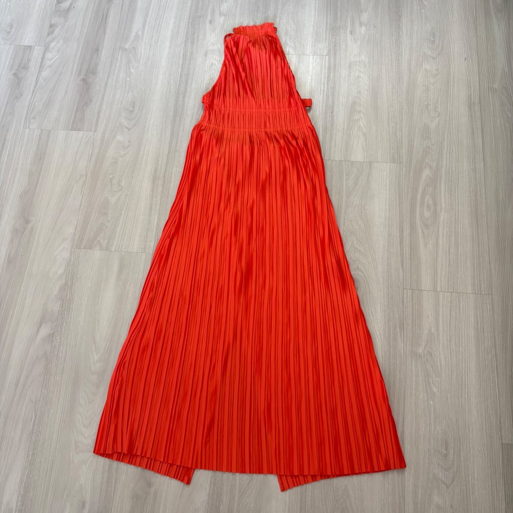 Billy J Red Dress Womens Orange Pleated Halter Maxi Dress Smocked Waist Size 14